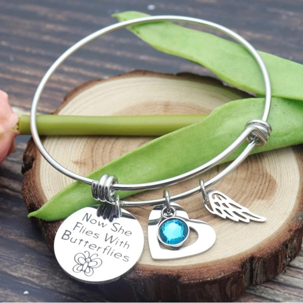 Now She Flies With Butterflies Bracelet Bangle Loss of Loved One Gift - Picture 2 of 5